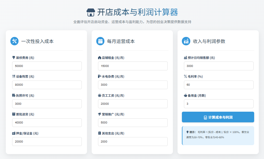 开店成本利润计算器